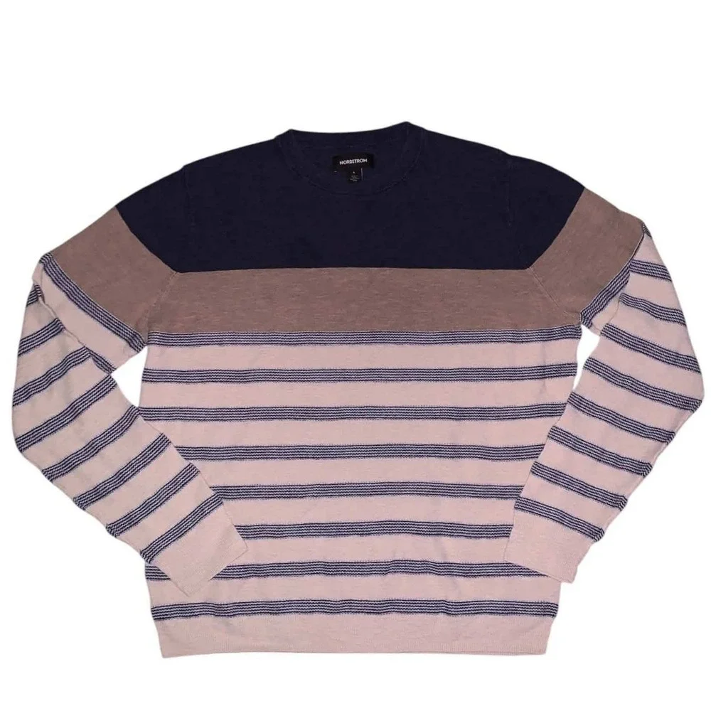 Nordstrom Sweater Mens Large Blue Tan Stripe Cotton Linen Crewneck Coastal Prep